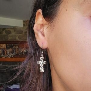 Pair of Silver Simple Dainty Classic Ichthys Fish Cross Hook Drop Earrings